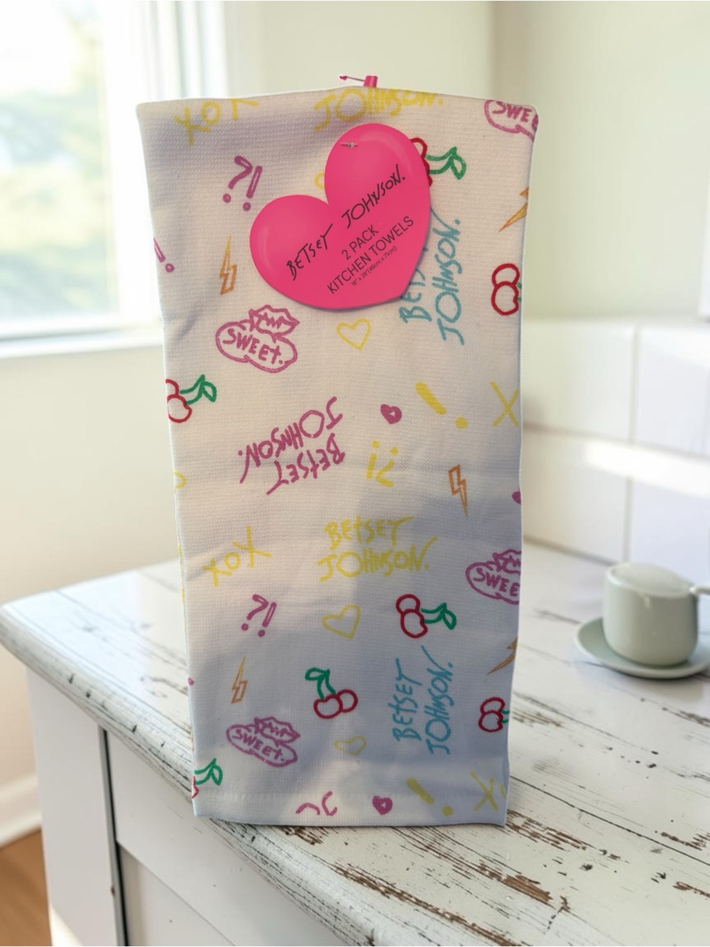 Betsey Johnson 2 Pack Kitchen Towels Colorful Doodle Cherry Print NWT